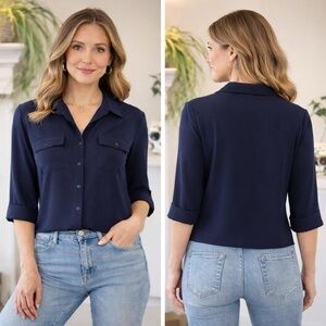 S.C. & CO Navy Blue Button Down Top XL 3/4 Sleeve Chest Pockets